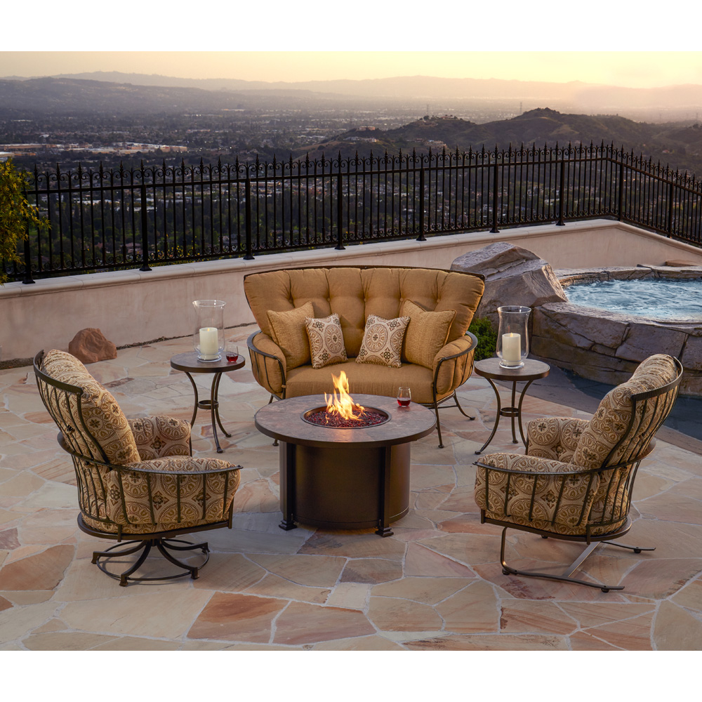 OW Lee Monterra Fire Pit Set with Crescent Sofa and Lounge Chairs | OW -MONTERRA-SET13