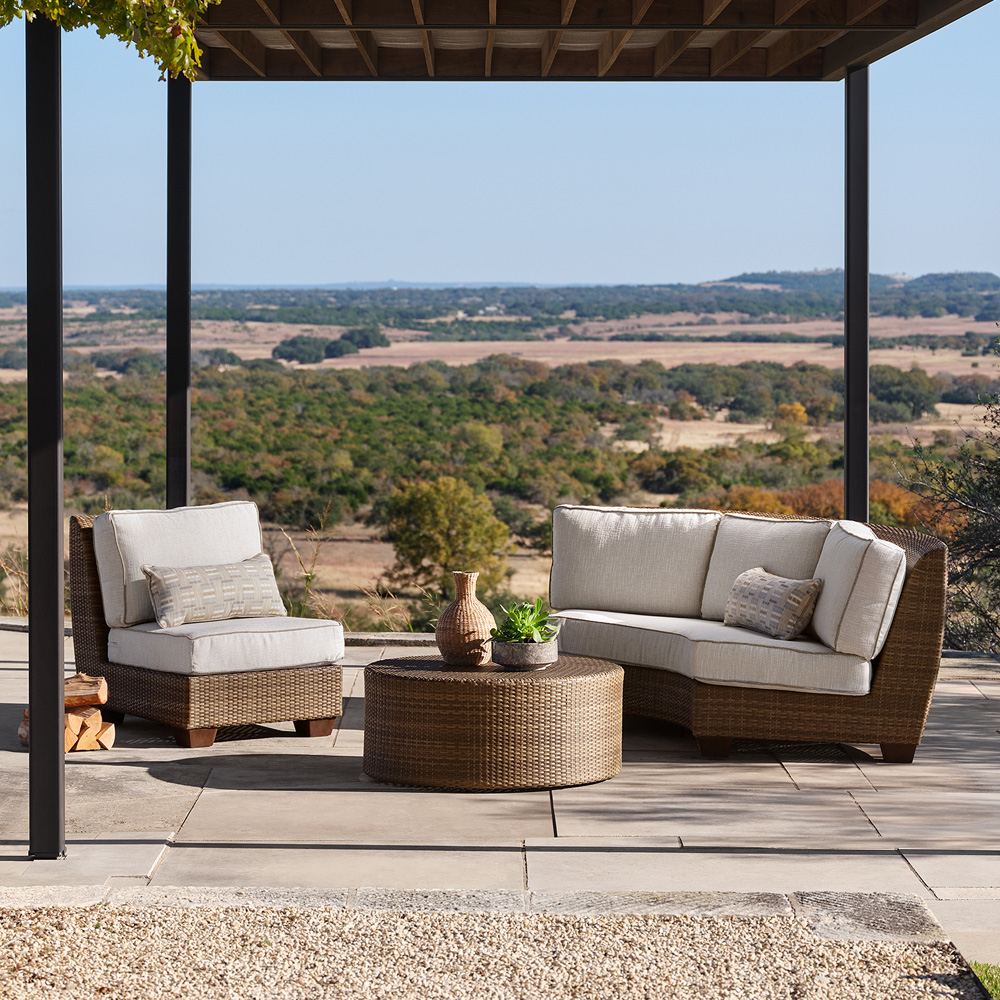 Woodard Saddleback Wicker Outdoor Furniture Set with Curved Loveseat ...