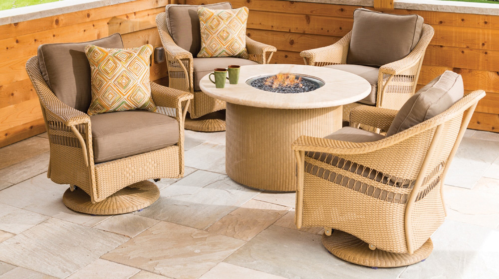 Lloyd Flanders Nantucket Wicker Lounge Swivel Gliders with Fire Table Set