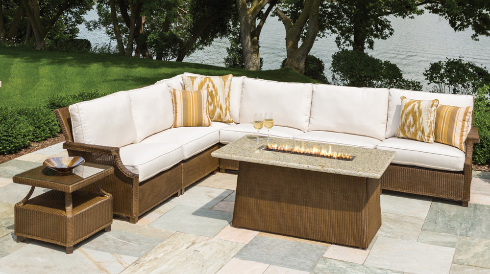 Lloyd Flanders Hamptons Wicker L-Sectional with Fire Table