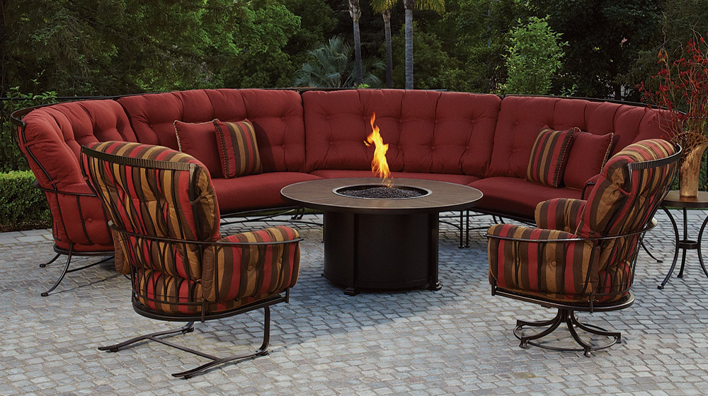 OW Lee Monterra Curved Outdoor Sectional Set with Fire Pit Table