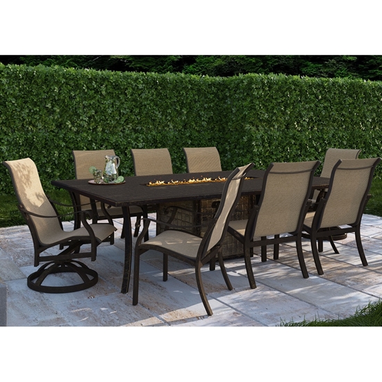 Castelle Madrid Sling Outdoor Dining Set with Classical Firepit Dining Table for 8 - CS-MADRID-SET4