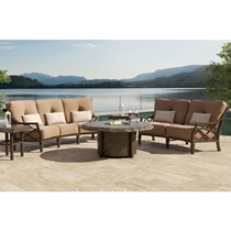 Villa Bianca Crescent Outdoor Furniture Set with Live Edge Firepit Table