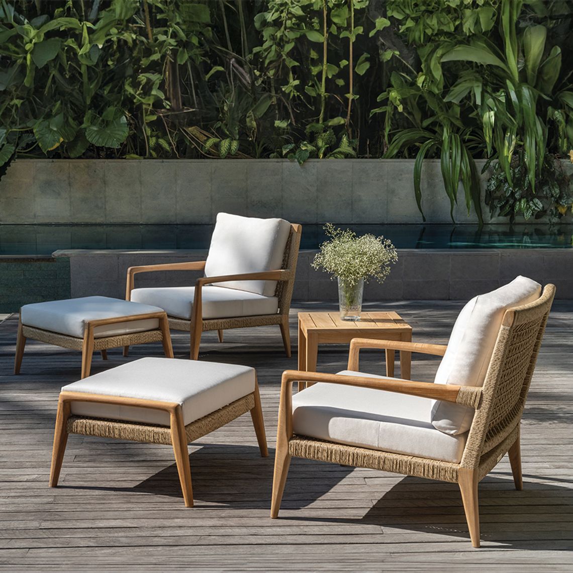 Barcelona Deep Seating Teak Lounge Chair and Ottoman Set