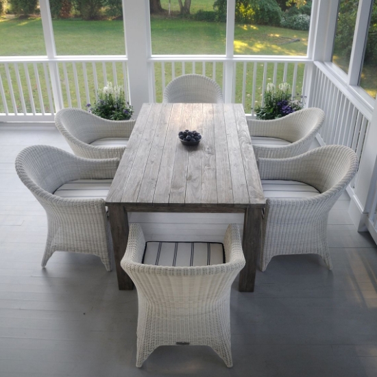 Kingsley Bate Cape Code White Wicker and Vintage Teak Patio Dining Set for 6 - KB-CAPECOD-SET2