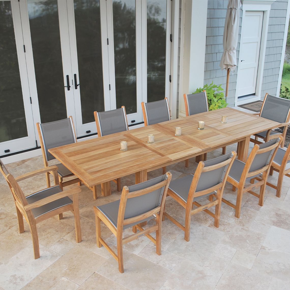Hyannis 82.5-118" Rectangle Teak Extension Dining Table with Fold-Away Leaves set