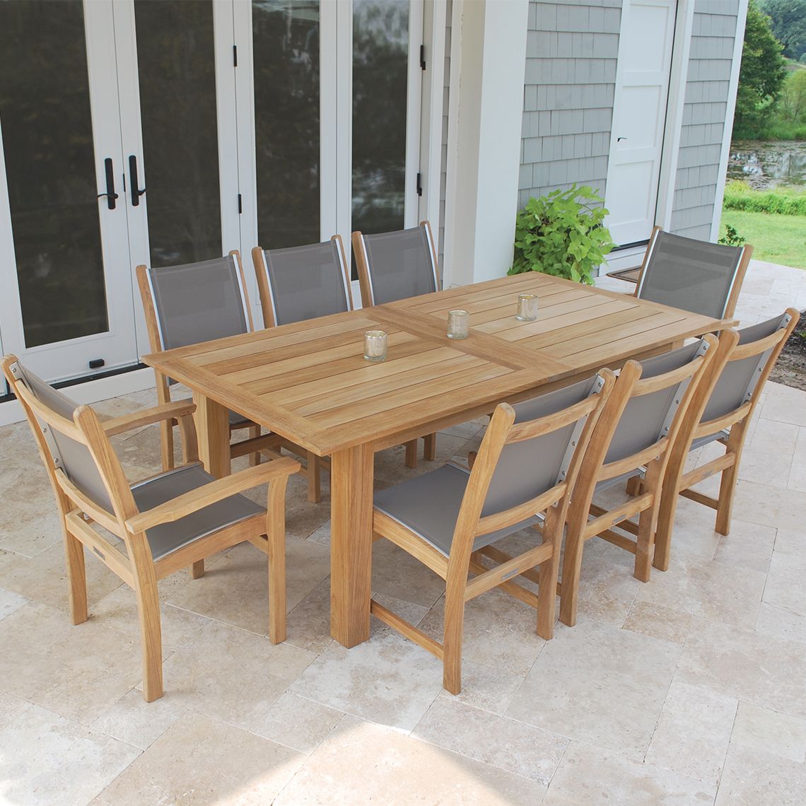 Hyannis 82.5-118" Rectangle Teak Extension Dining Table with Fold-Away Leaves set