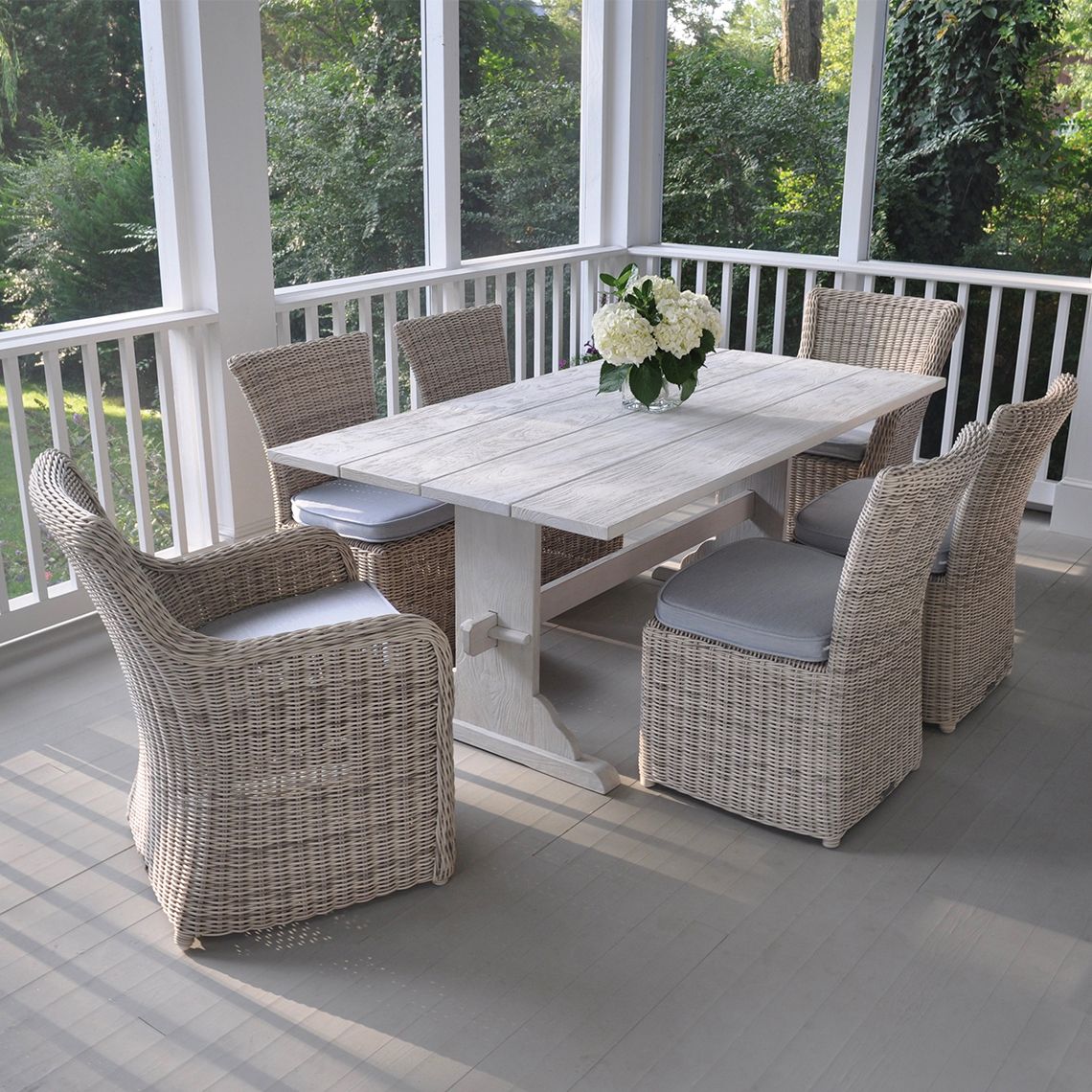 Kingsley Bate Sag Harbor Wicker Dining Set with Teak Trestle Table - KB-SAGHARBOR-SET11