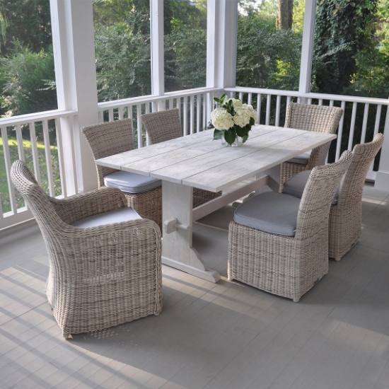 Sag Harbor Wicker Dining Set with Teak Trestle Table
