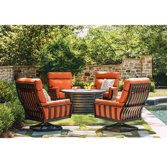 Smith Lake Luxe Cushion Swivel Rocker and Fire Table Set red cushions