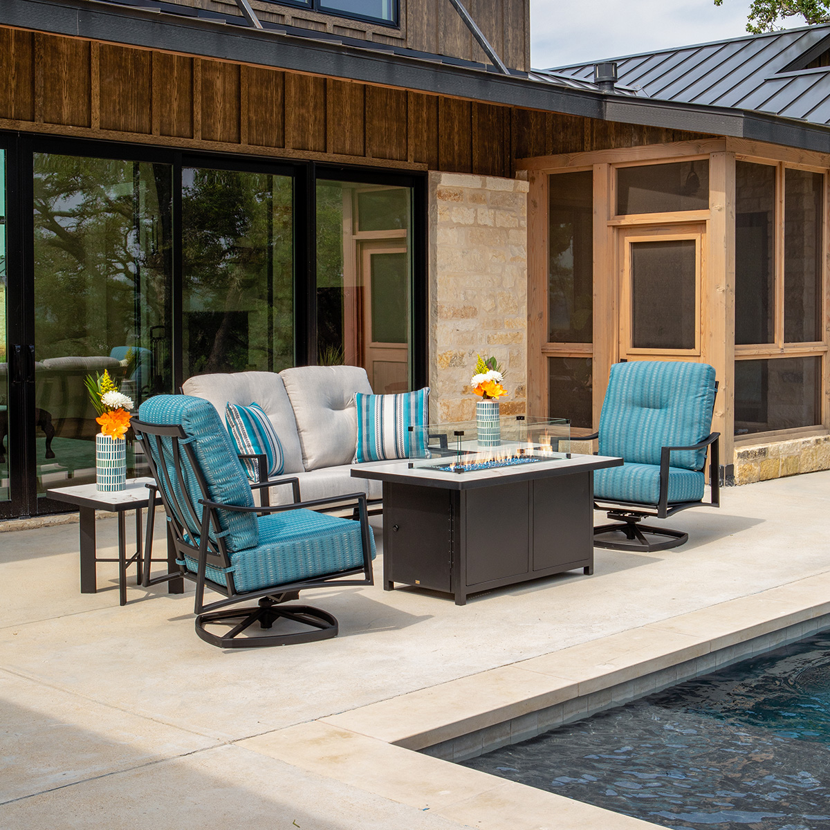 OW Lee Avana Loveseat and Swivel Rocker Patio Set with Fire Table - OW-AVANA-SET8
