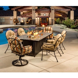 OW Lee Cambria Wrought Iron Dining Set with Fire Pit Table - OW-CAMBRIA-SET5
