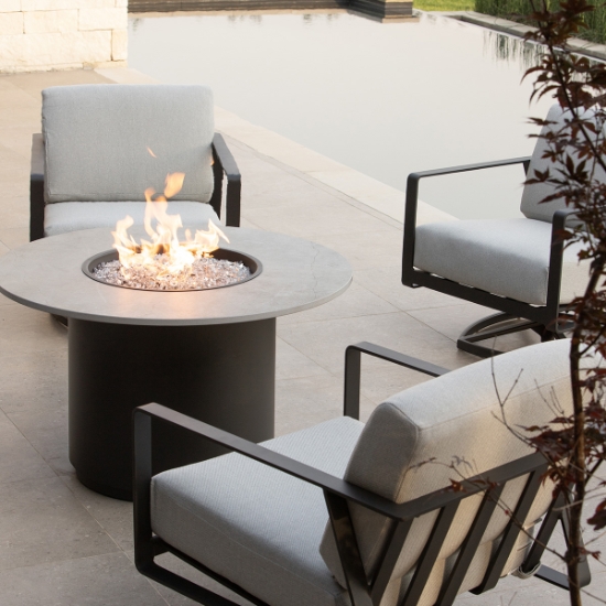 Horizon Swivel Rocker Patio Set with Volante Fire Table back