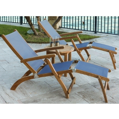 Royal Teak Folding Sling Steamer Lounge Set for 2 with Side Table - RT-STEAMER-SET2