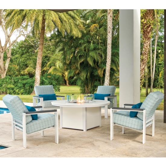 Larssen Cushion Lounge Chair with Arm Accents and Fire Table
