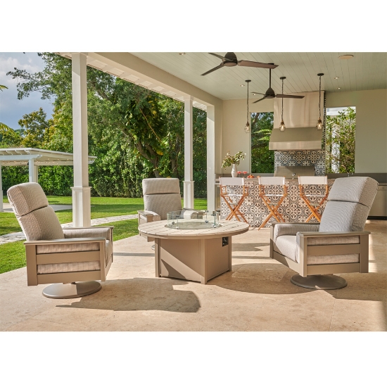 Telescope Casual Leeward MGP Cushion Premier Swivel Rocker and Fire Table Set