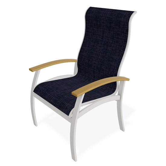Telescope Casual Belle Isle Sling Supreme Dining Arm Chair in Snow, Rustic Teak and Moments Navy Sling 