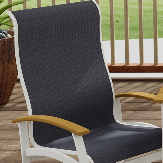 Belle Isle Sling Chair in Snow, Rustic Teak, and Moments Navy Sling