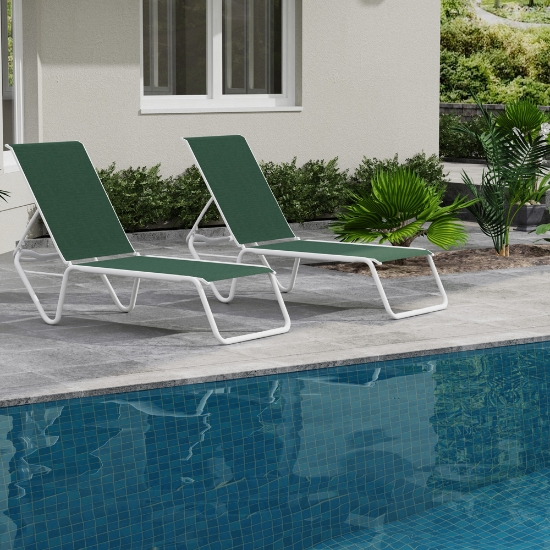 Telescope Casual Quick Ship Set of 2 Gardenella Armless Stacking Chaises in White and Forest Green Sling Fabric