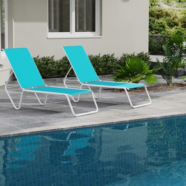 Telescope Casual In Stock Set of 2 Gardenella Armless Stacking Chaises in White and Aqua Sling Fabric