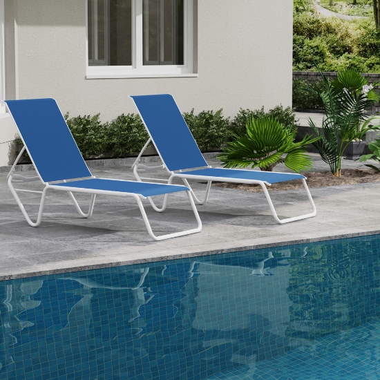 Telescope Casual Set of 2 Gardenella Armless Stacking Chaises in White and Cobalt Sling Fabric