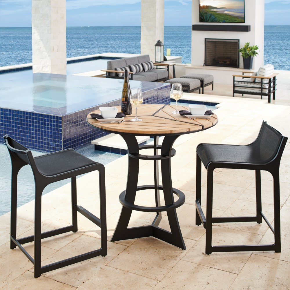 South beach aluminum counter table with teak top