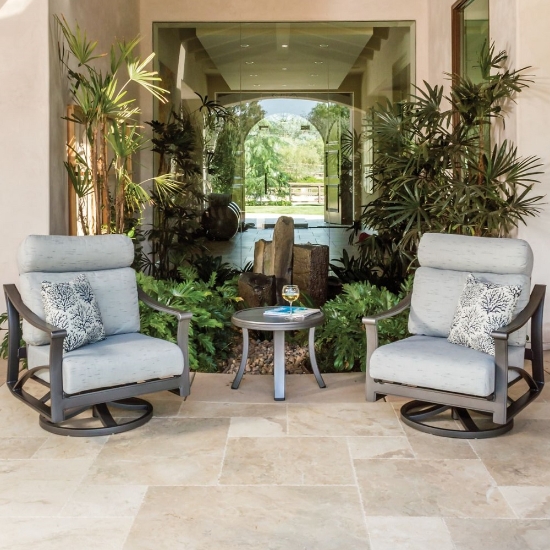 Tropitone Corsica Cushion Outdoor Swivel Lounge Chair Set with Accent Table - TT-CORSICA-SET5