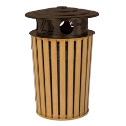 Tropitone District Faux Wood Round Waste Receptacle with Recycling Hood - 4A1699S32