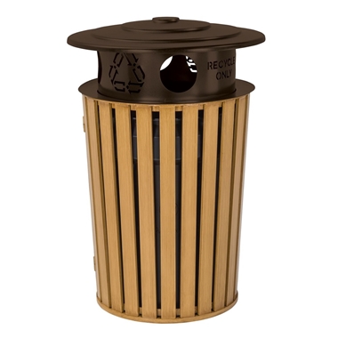 Tropitone District Faux Wood Round Waste Receptacle with Recycling Hood - 4A1699S32