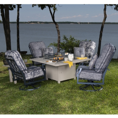 Woodard Cortland Big Mans Swivel Rocker Chairs with Fire Pit Table - WD-CORTLAND-SET7