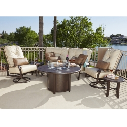 Woodard Cortland Extra Large Swivel Rocker and Crescent Love Seat Fire Table Set - WD-CORTLAND-SET4