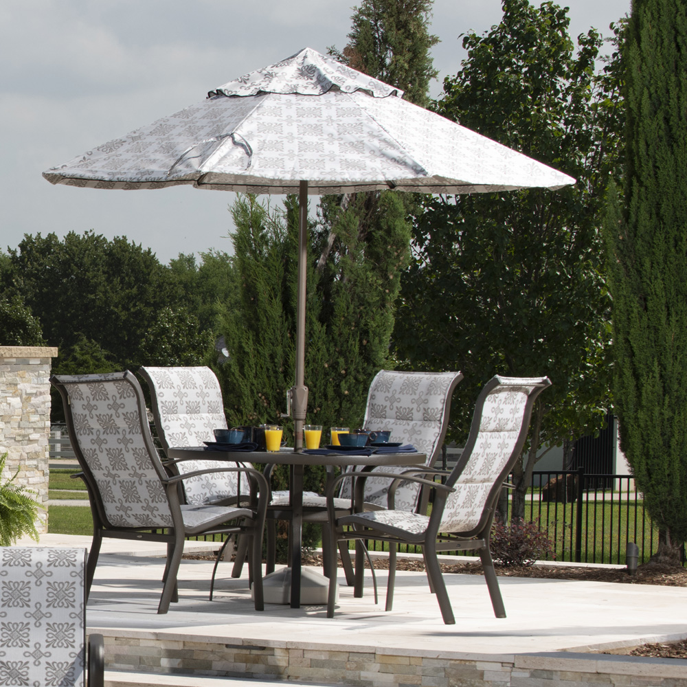 Woodard Fremont Aluminum Padded Sling Dining Set with Trellis Table - WD-FREEMONT-SET5