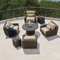 Woodard Saddleback Wicker Swivel Lounge Chairs with Fire Table - WD-SADDLEBACK-SET8
