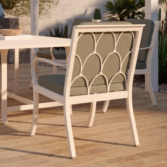 Woodard Scala Dining Arm Chairs with Seat and Back Cushions lifestyle